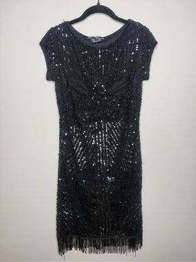 Pisarro Nights black sequin flapper dress with fringe hem